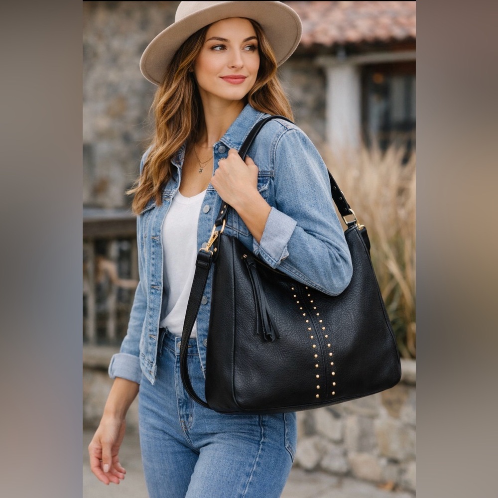 Montana West Black Studded Hobo Bag ~ Vegan Leather ~ Gold Hardware ~ NWT
